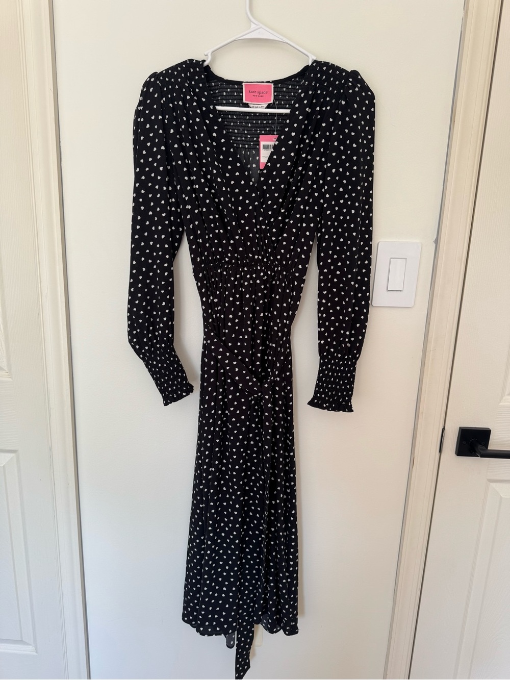 NWT Kate Spade Black Long Sleeve Heart-Print Wrap Dress